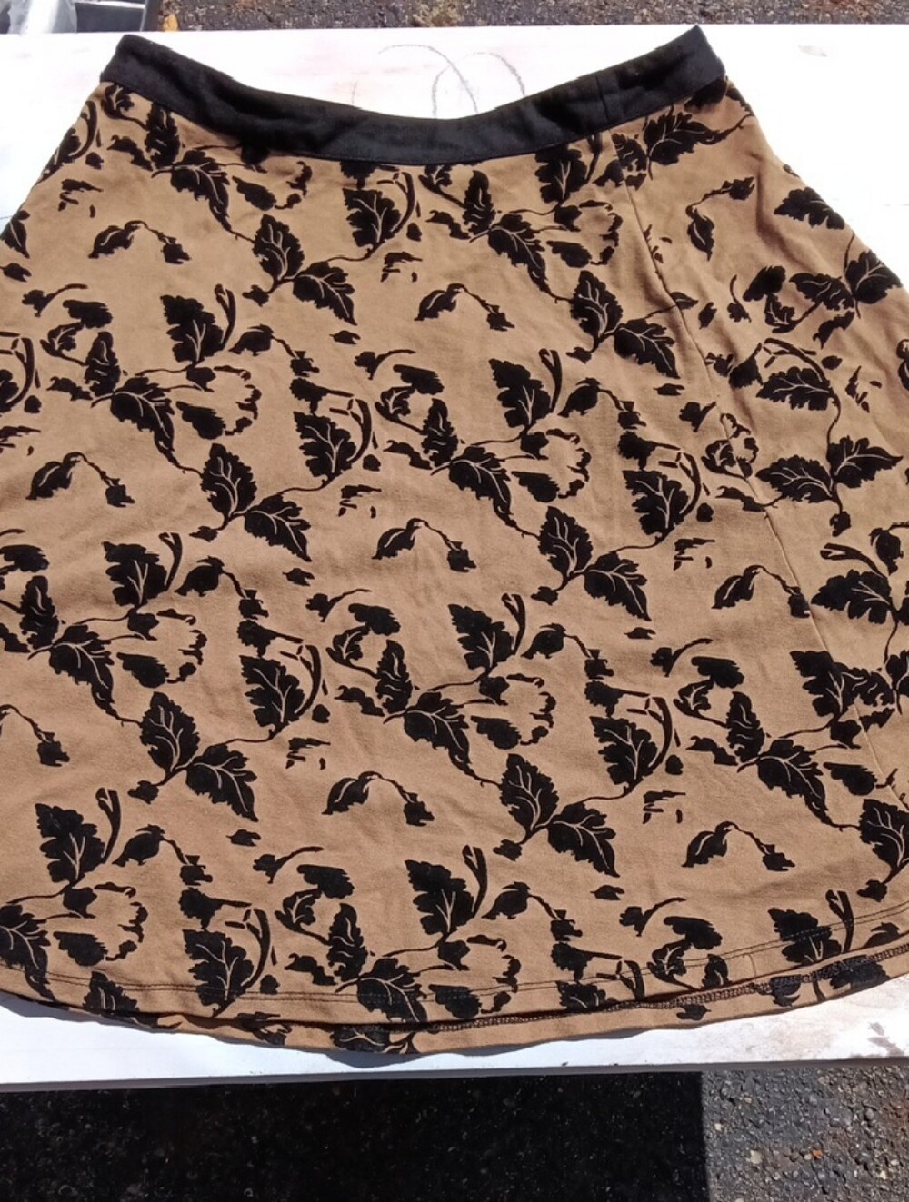 Tan Floral A-Line Skirt with Black Waistband, By Carmen